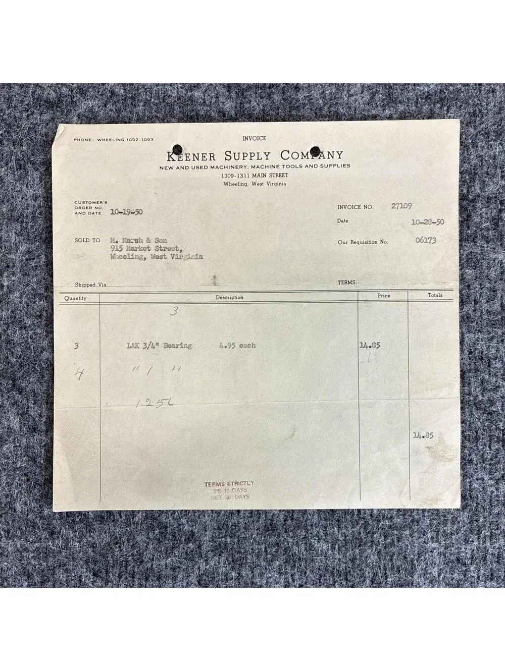 1950 Keener Supply Co Wheeling WV Invoice to M Marsh Cigar Co Bearing Purchase